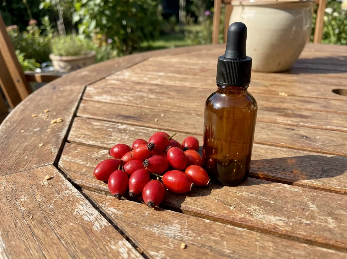 Red rosehips beside a small dropper bottle of oil