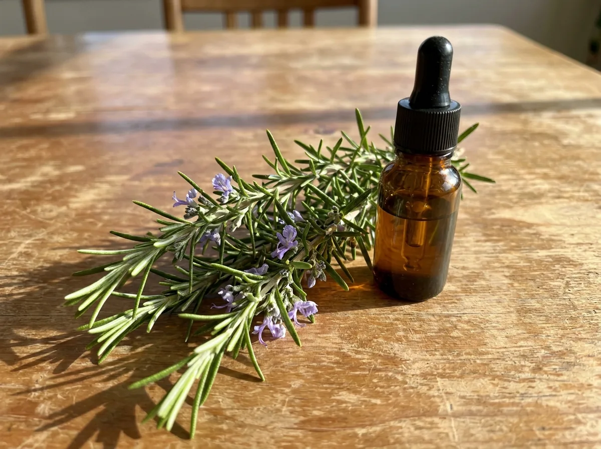 Fresh rosemary sprigs beside a small bottle of oil