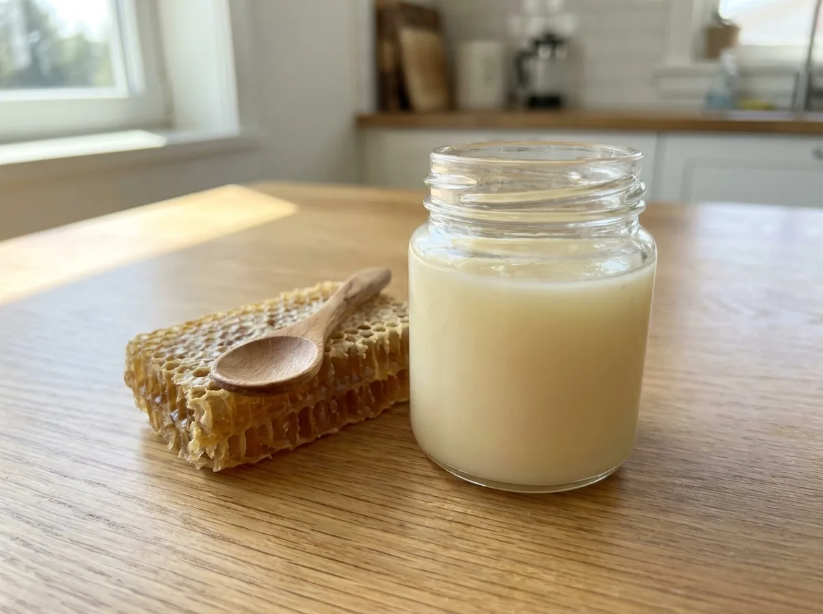 Creamy royal jelly in a small glass jar