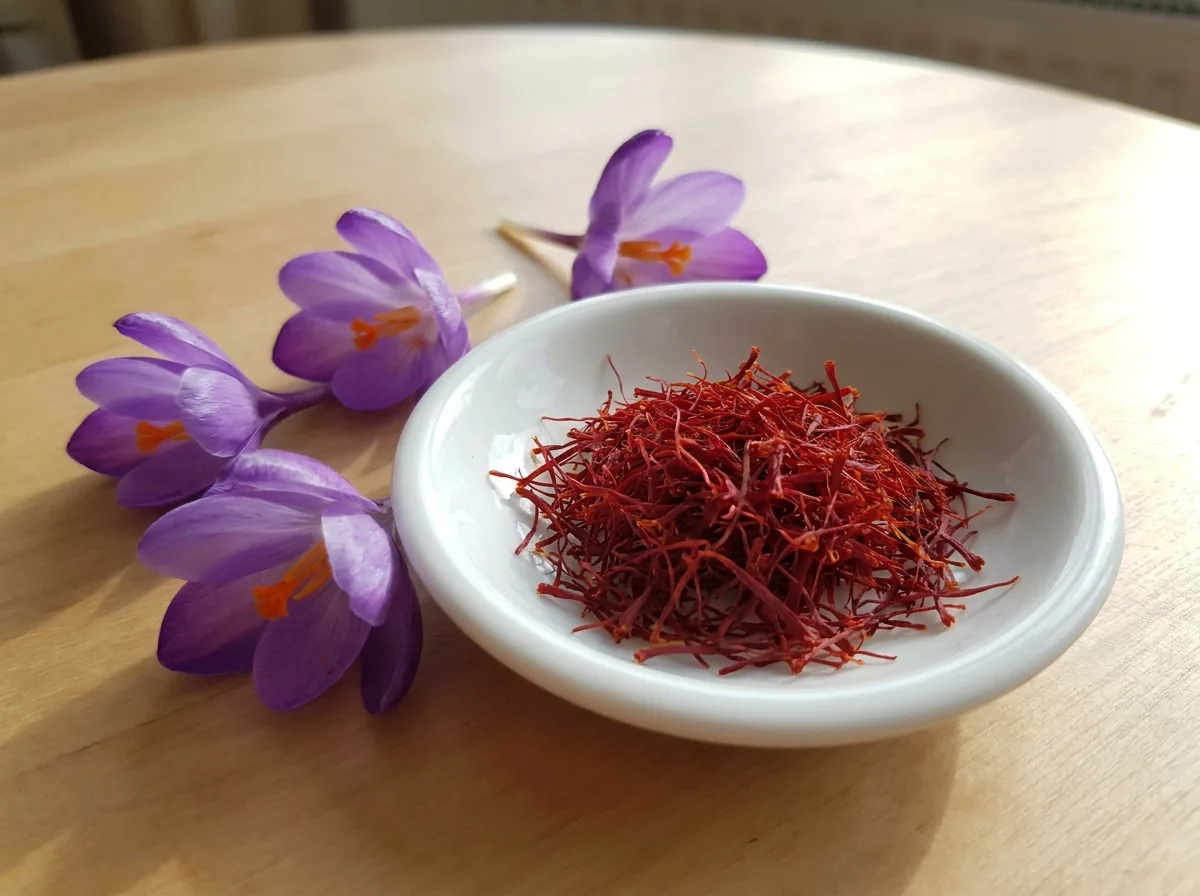 Red saffron threads in a small dish