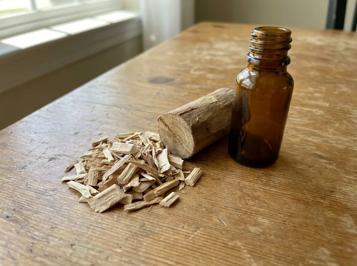 Sandalwood chips and a small bottle of oil