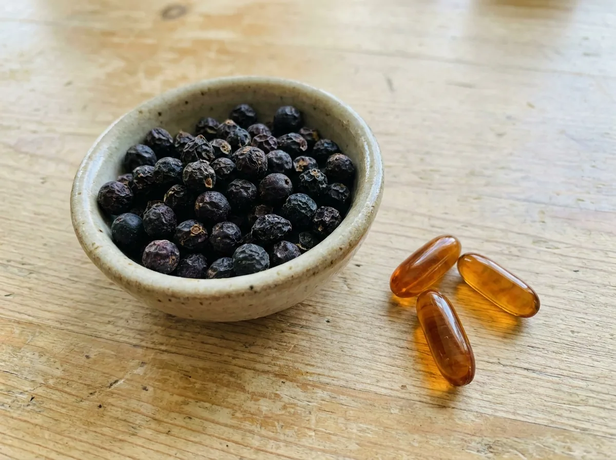 Dark saw palmetto berries in a small bowl beside softgel capsules