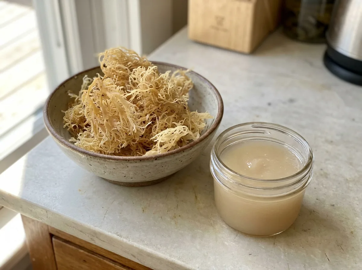 Dried pale sea moss in a bowl next to a jar of sea moss gel