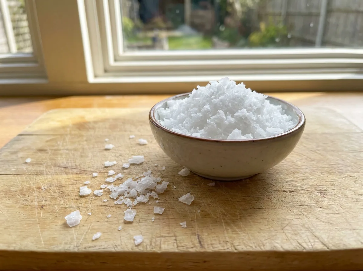 Coarse sea salt flakes in a small bowl