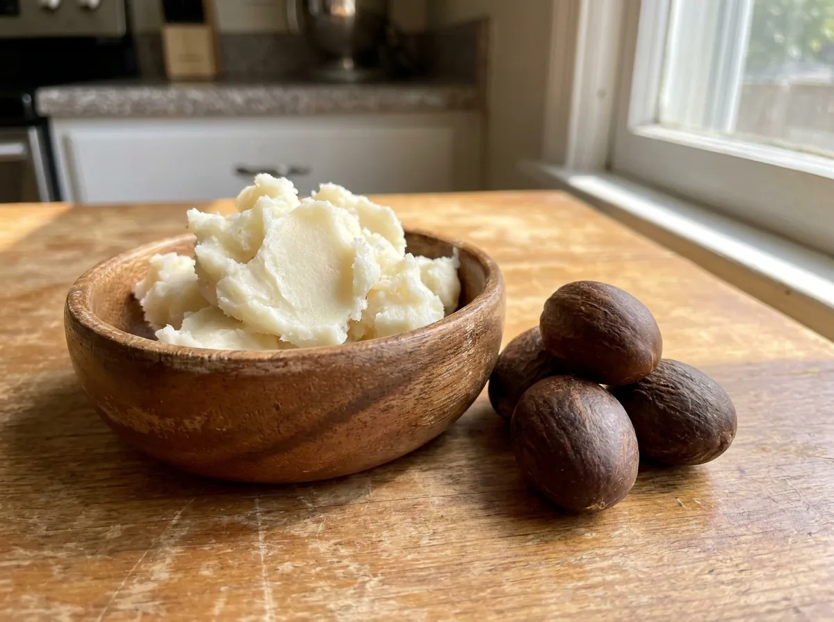 Raw shea butter in a bowl beside shea nuts