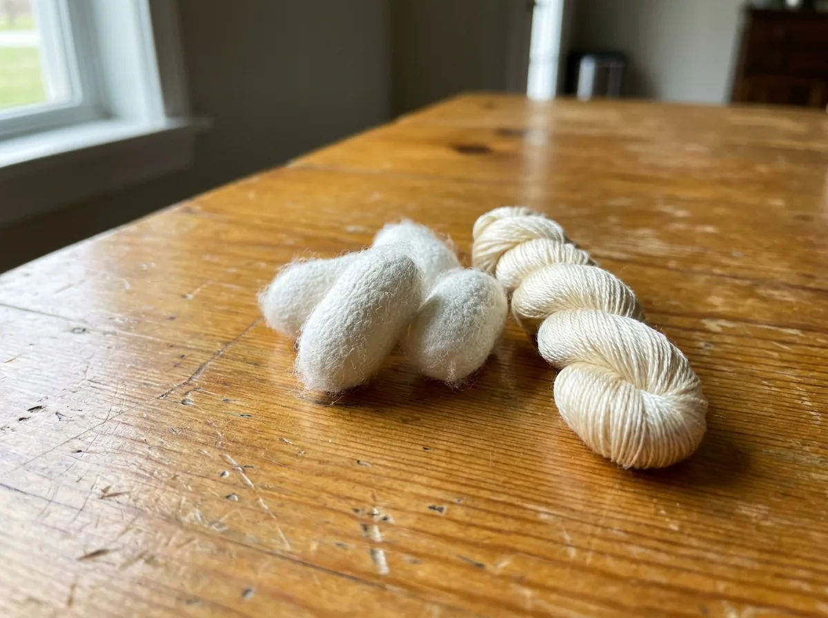 Silk cocoons beside a skein of silk thread