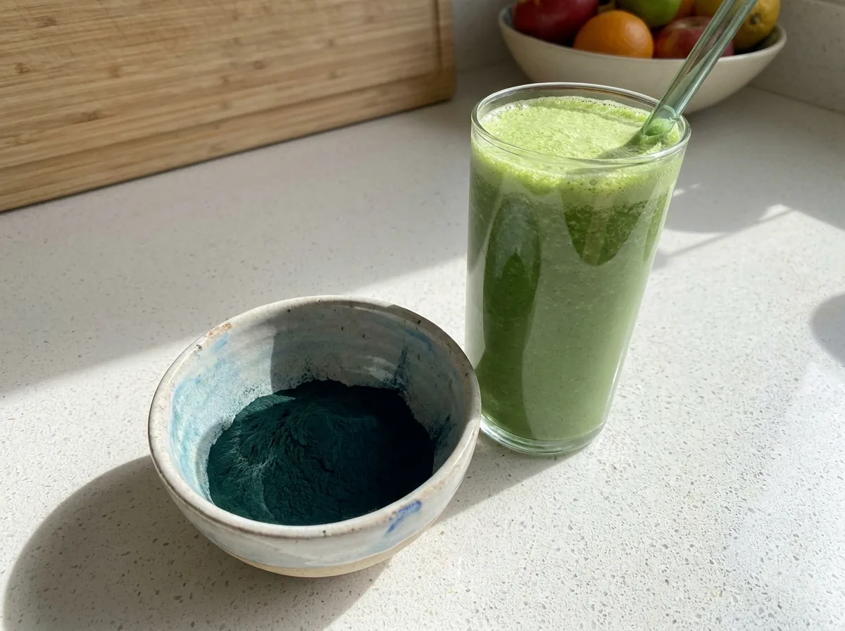 Blue-green spirulina powder and a green smoothie