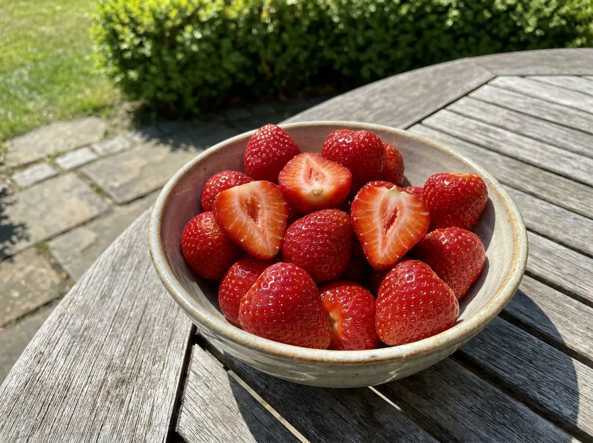 A bowl of fresh strawberries on a sunny table
