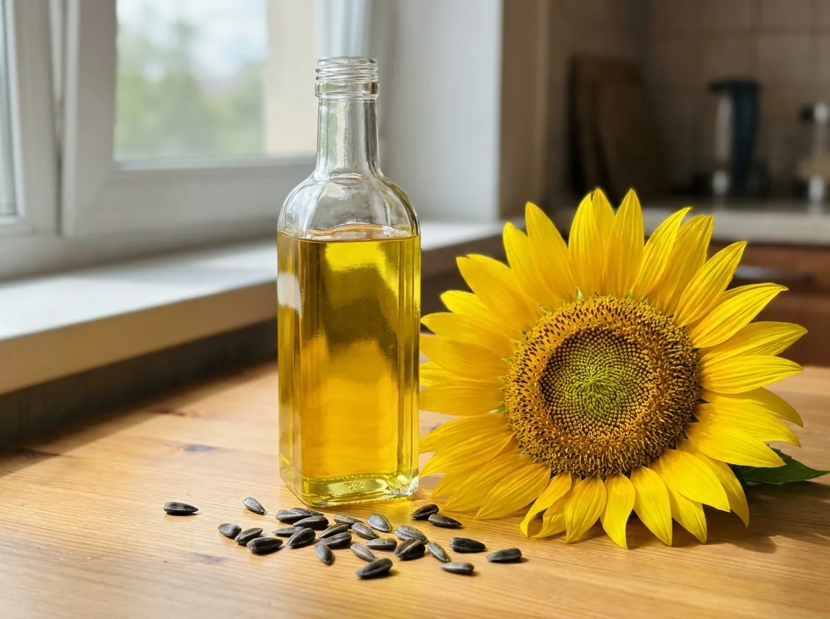 A bottle of sunflower oil beside a sunflower head