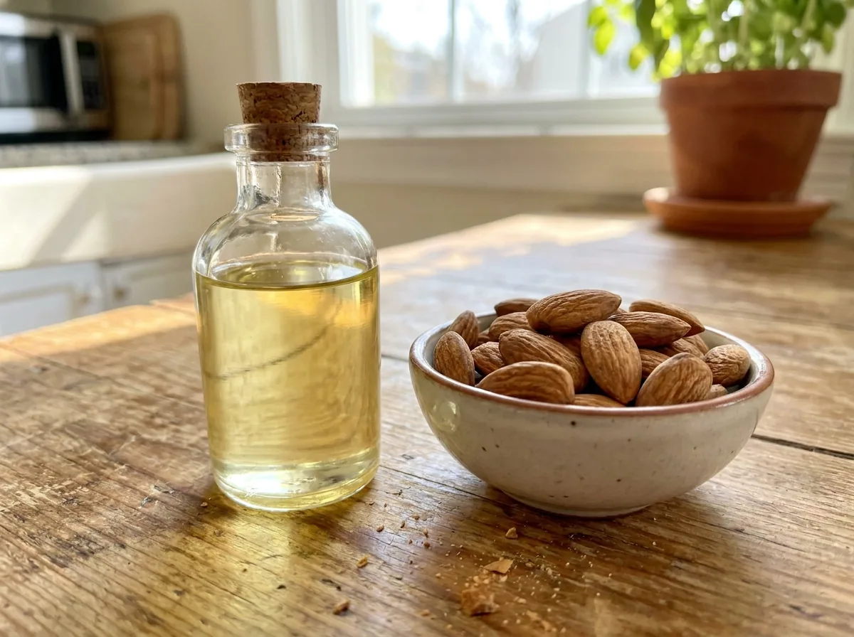 A small bottle of almond oil beside whole almonds