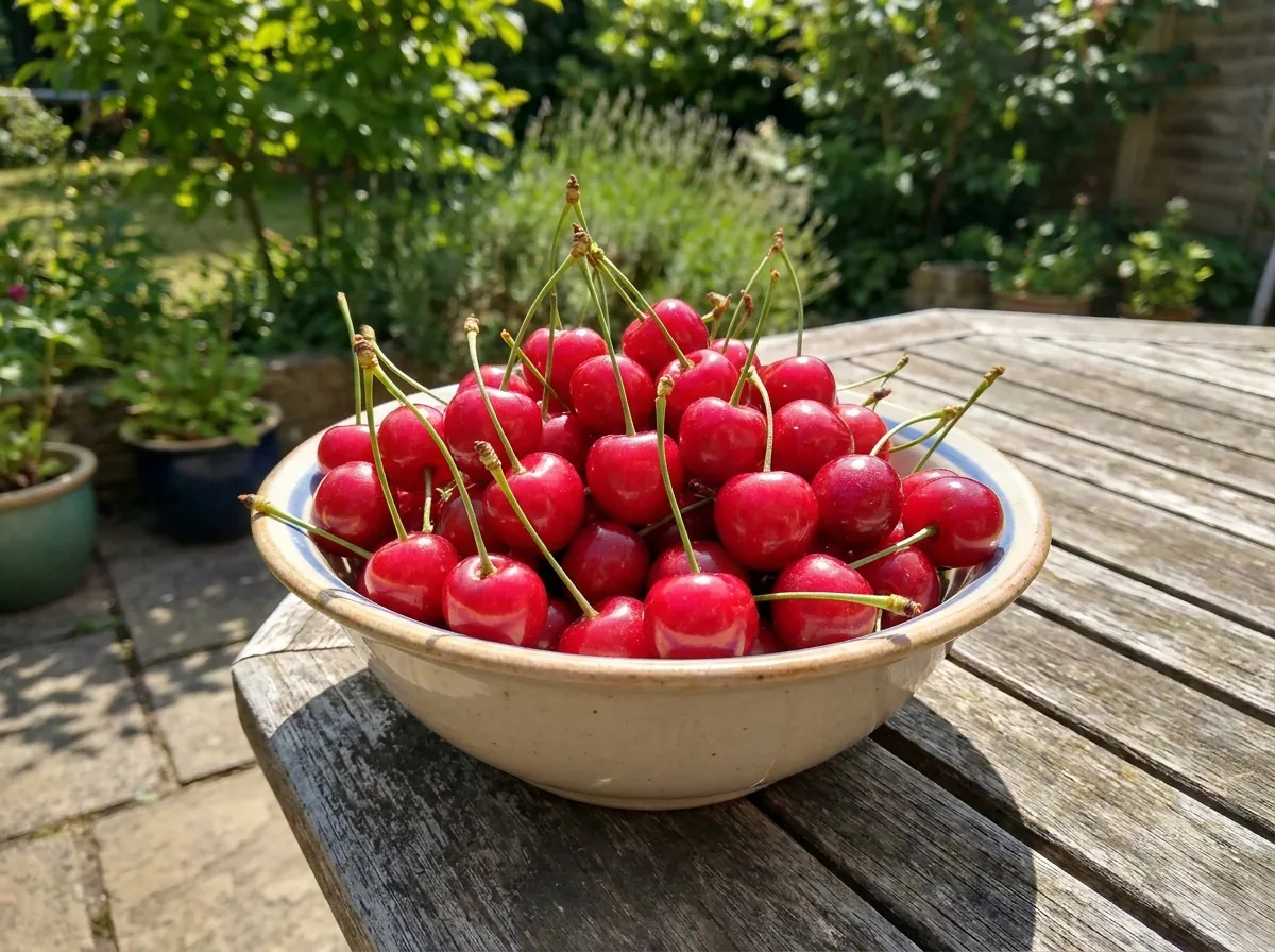 Fresh sour cherries in a bowl