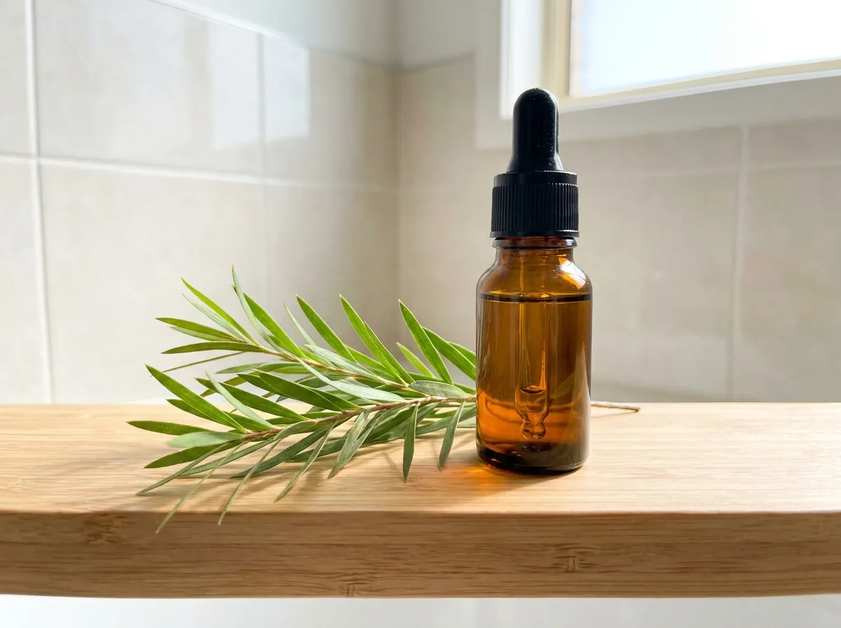 A small amber bottle of tea tree oil beside tea tree leaves