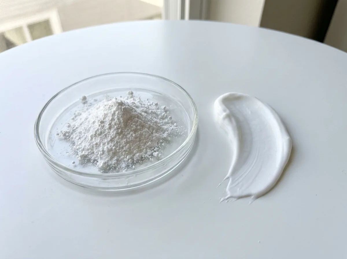 Fine white titanium dioxide powder in a small glass dish