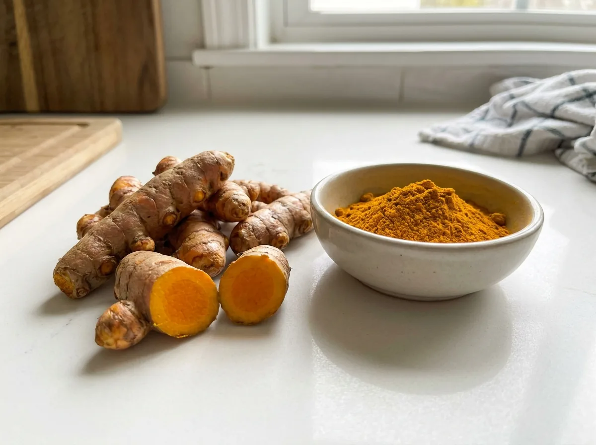 Fresh turmeric root cut open, with ground turmeric