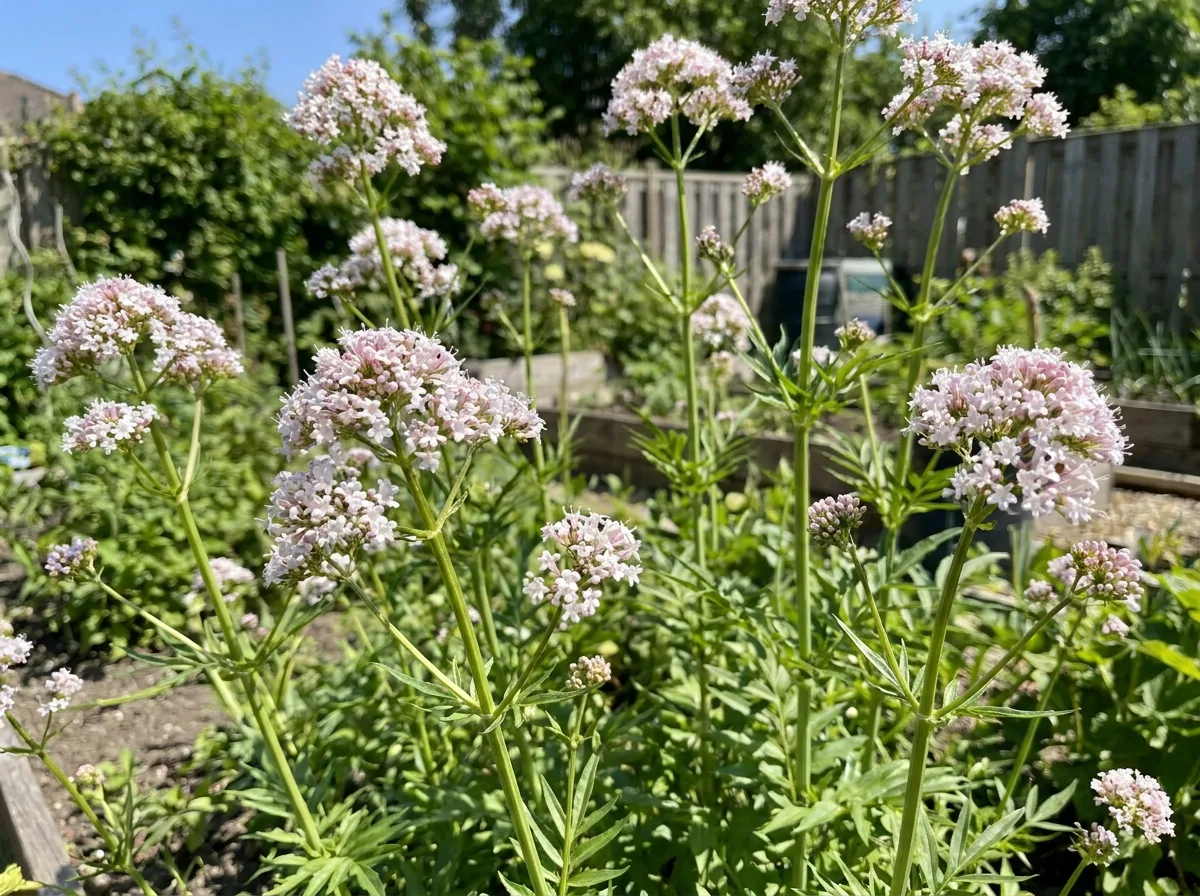 Valerian plant with pale pink flower clusters