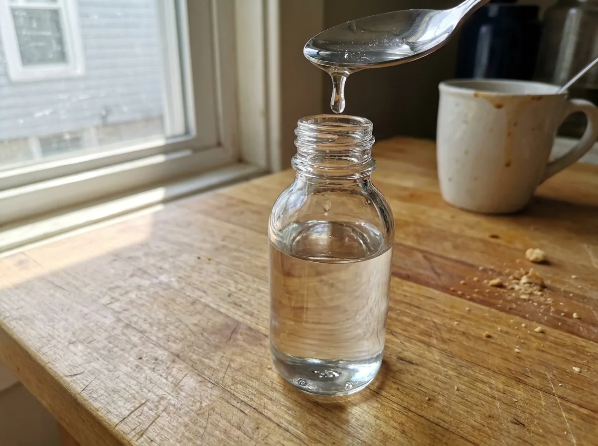 Clear glycerin in a small glass bottle beside a spoon