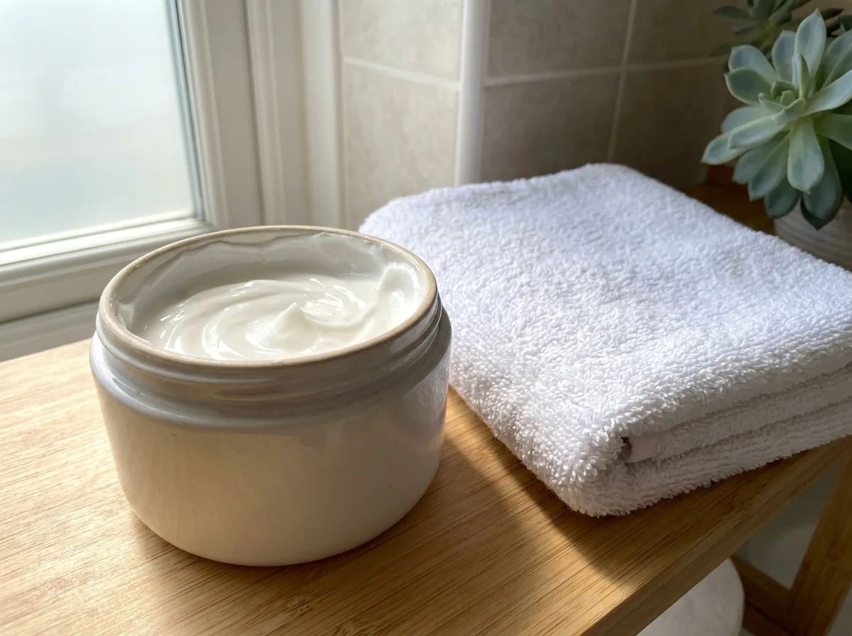 A small pot of white cream beside a folded towel
