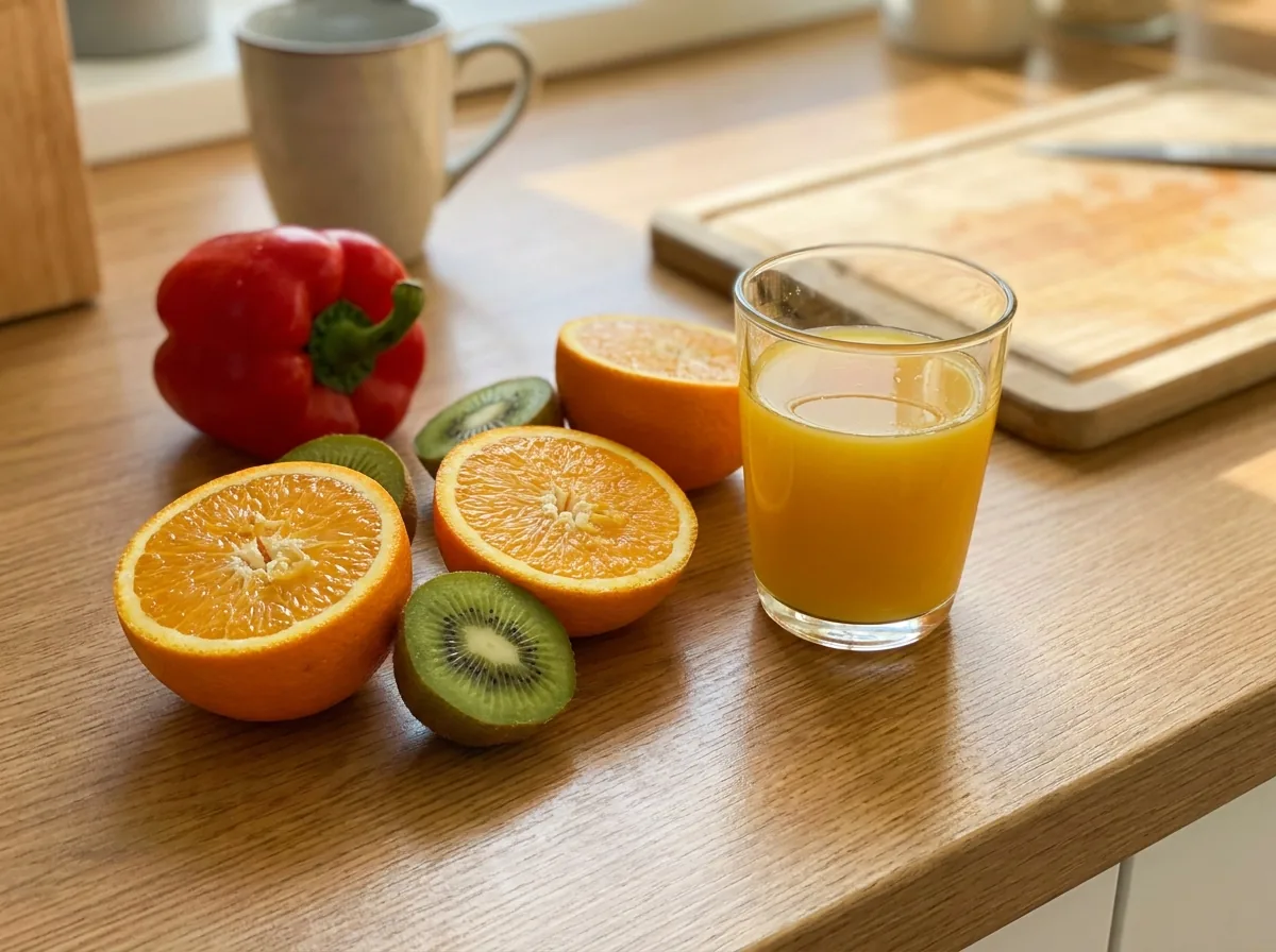 Oranges, kiwi and red pepper with a glass of orange juice
