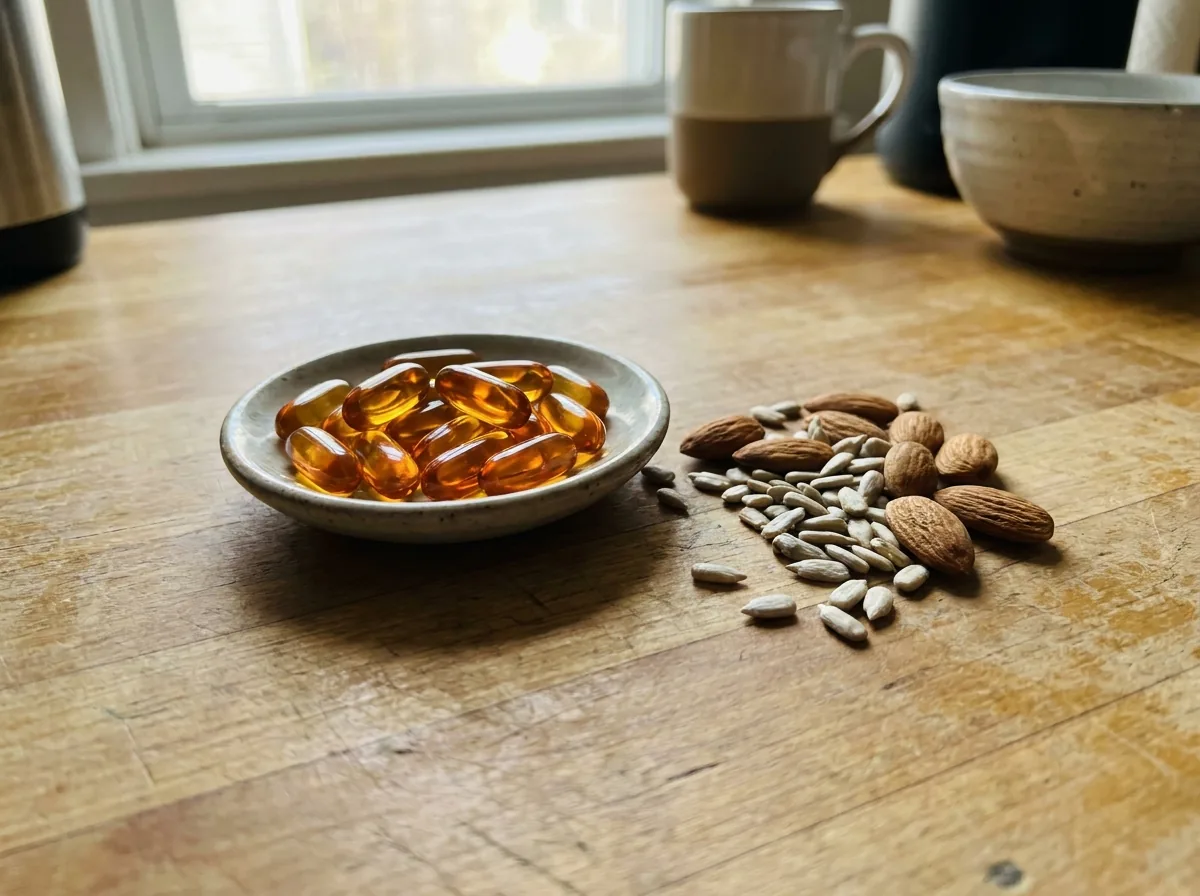 Vitamin E softgel capsules with almonds and sunflower seeds