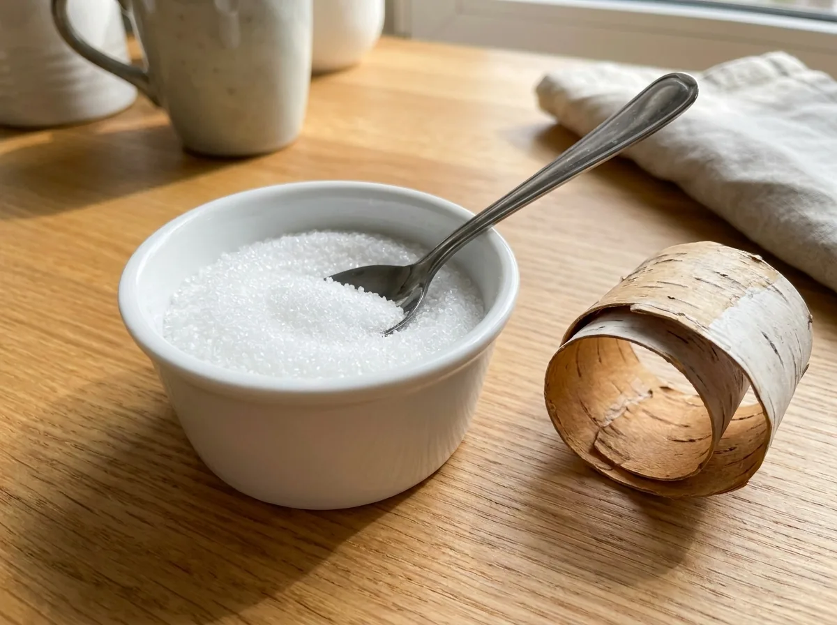 White xylitol granules in a small bowl beside birch bark