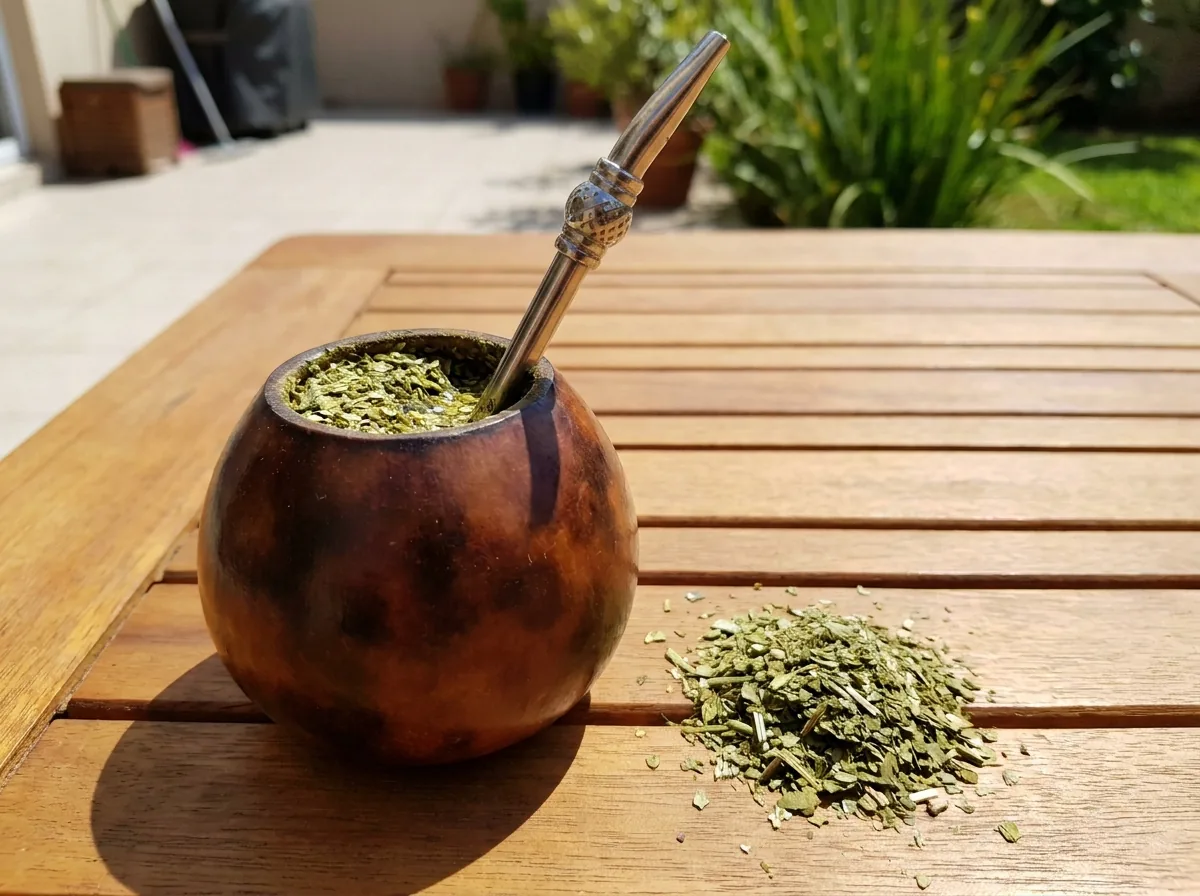 A mate gourd with a metal straw and loose yerba mate