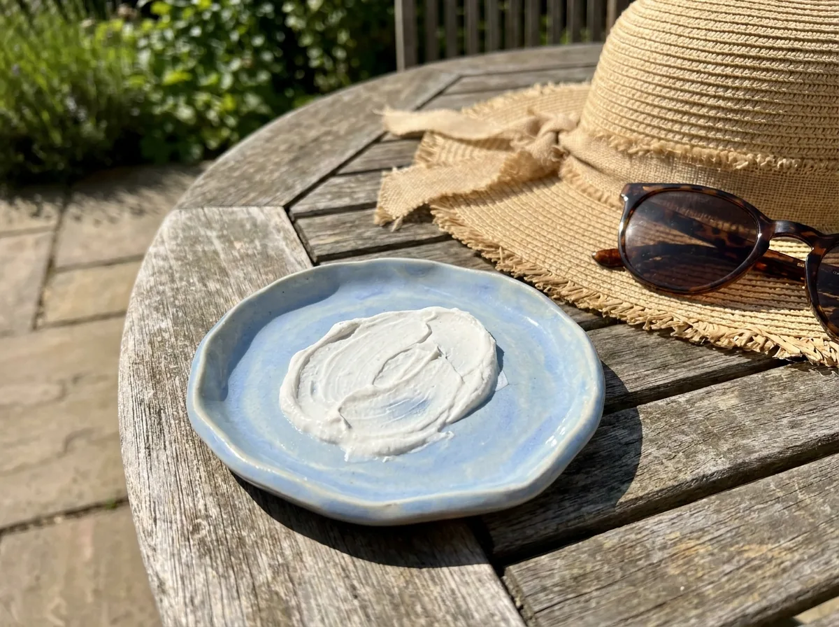 A swipe of thick white mineral sunscreen on a sunny table