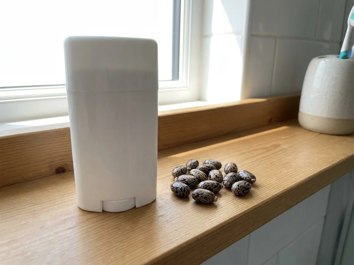A plain deodorant stick beside castor beans
