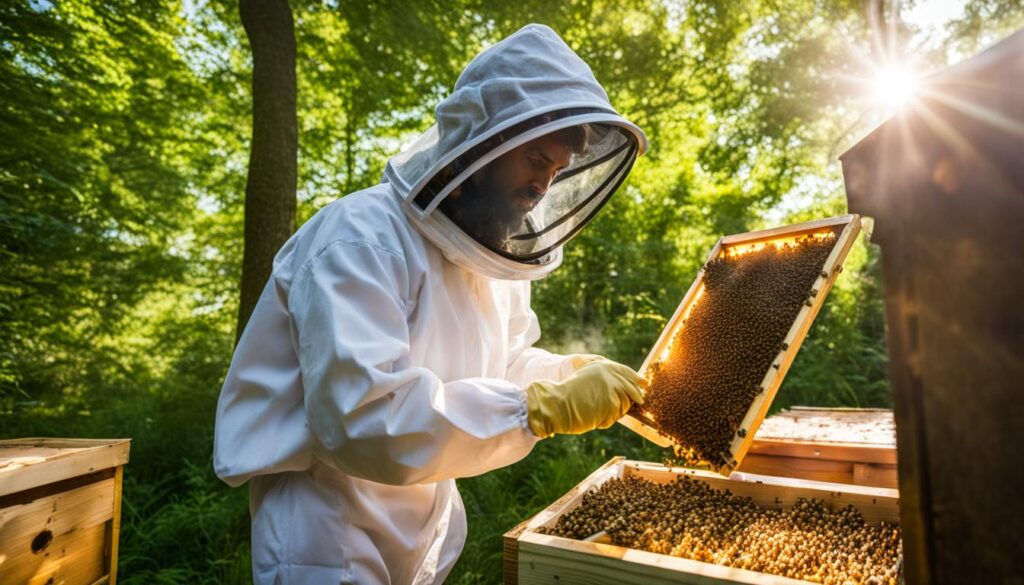 Beekeeper inspecting a hive Beekeeper inspecting a hive